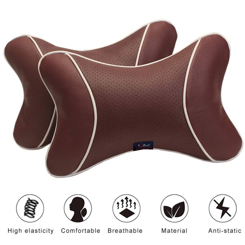 AutoFurnish Premium Car Pillow Neck Rest Made of Faux Leather Comfortable and Long Durability High Elasticity Car Accessories Essentials Brown Set of 2 - Image 2