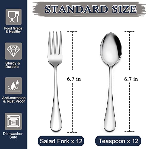 LIANYU 24-Piece Forks and Spoons Silverware Set, 12 Teaspoon and 12 Salad Fork, Stainless Steel Flatware Cutlery Set for Home Kitchen Hotel, Mirror Finished, Dishwasher Safe - Image 2
