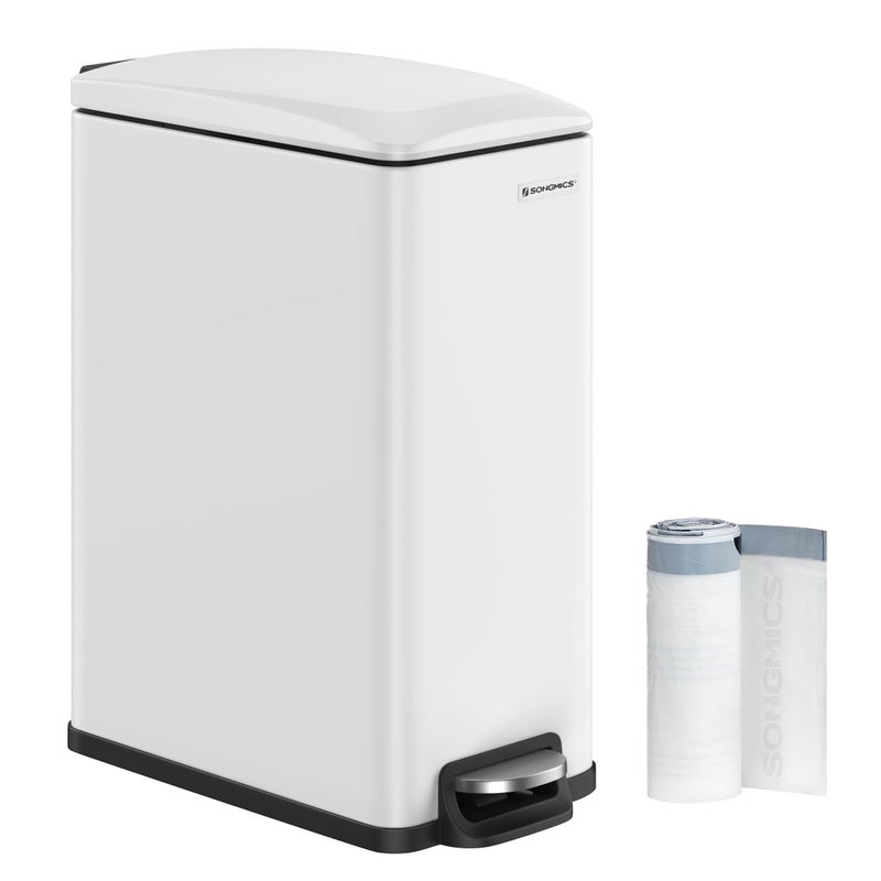 SONGMICS Kitchen Bin 48L Slim Pedal Bin for Narrow Spaces Rubbish and Waste Bin with SoftClose Lid and Inner Bucket Steel 15 Rubbish Bags Included White LTB510W4802