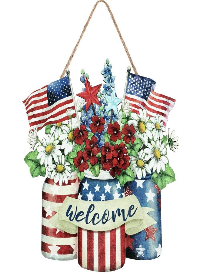 Capoda Patriotic American Star and Strip Floral Hanging Sign 4th of July Welcome Door Sign Independence Day Hanger USA Party Decoration for 4th of July Independence Day Memorial Outdoor(Flag Style) - Image 1