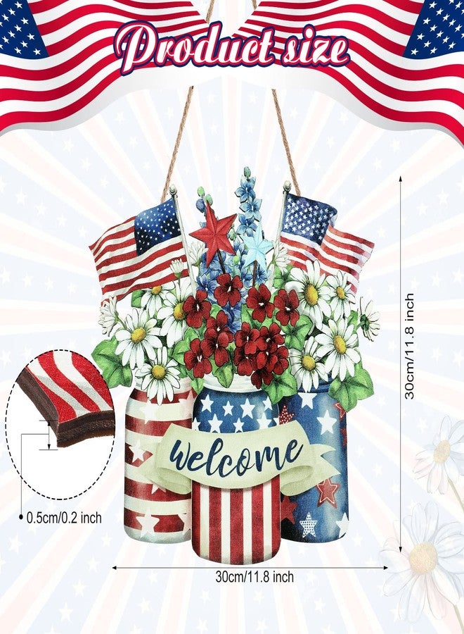Capoda Patriotic American Star and Strip Floral Hanging Sign 4th of July Welcome Door Sign Independence Day Hanger USA Party Decoration for 4th of July Independence Day Memorial Outdoor(Flag Style) - Image 2