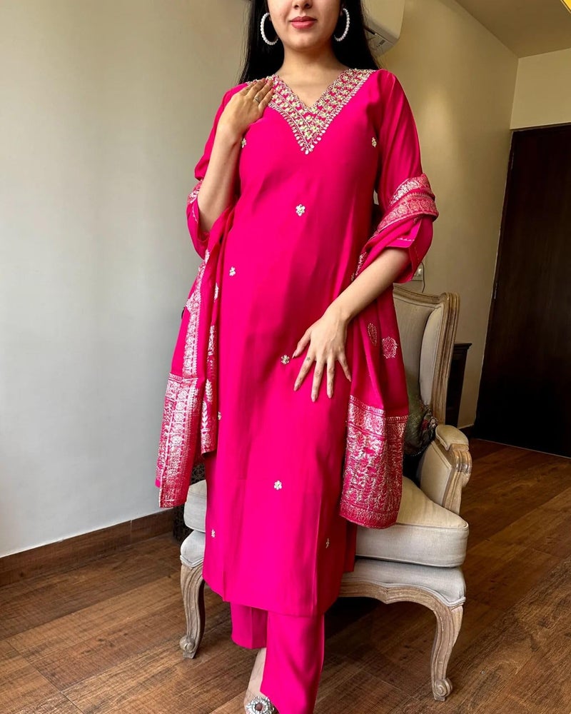 Florely Women's Viscose Chanderi Silk Embroidery Kurta Bottom Set, and Dupatta Set Traditional Kurta Set for Women Cotton Kurtis for Women Latest (in, Alpha, L, Regular, Pink) - Image 3