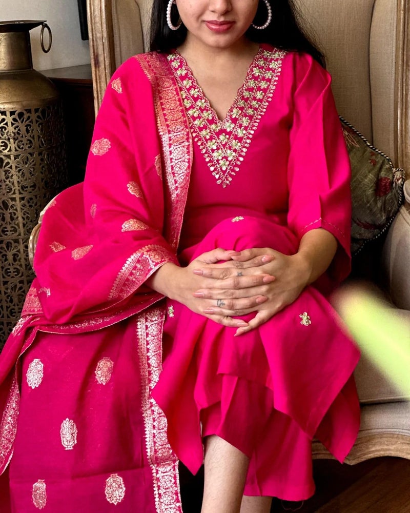 Florely Women's Viscose Chanderi Silk Embroidery Kurta Bottom Set, and Dupatta Set Traditional Kurta Set for Women Cotton Kurtis for Women Latest (in, Alpha, L, Regular, Pink) - Image 5