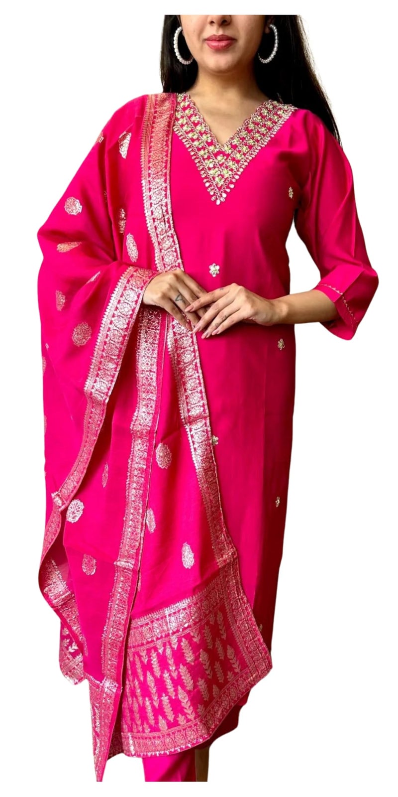 Florely Women's Viscose Chanderi Silk Embroidery Kurta Bottom Set, and Dupatta Set Traditional Kurta Set for Women Cotton Kurtis for Women Latest (in, Alpha, L, Regular, Pink) - Image 1