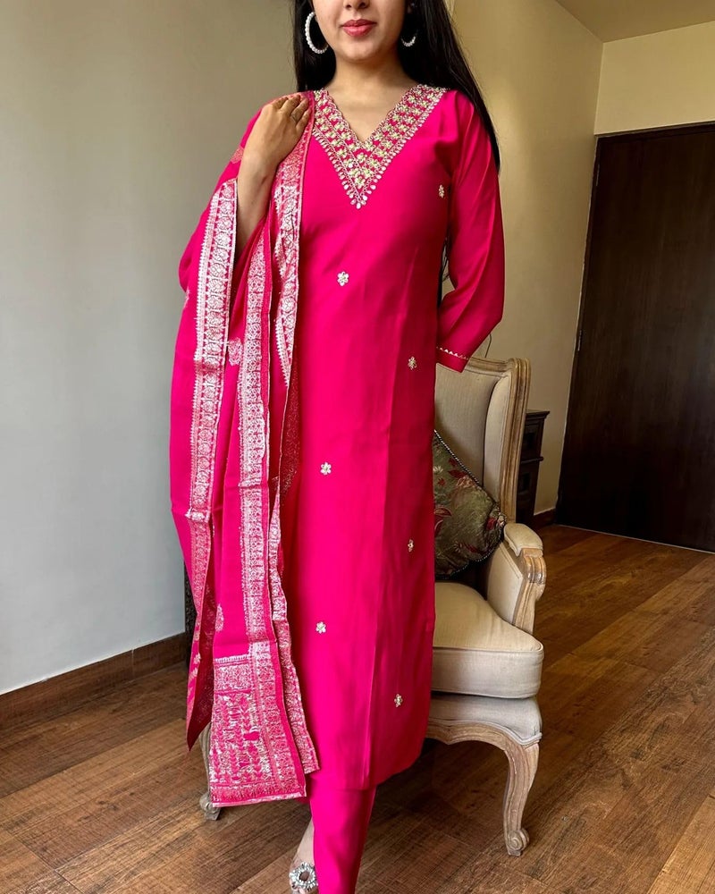 Florely Women's Viscose Chanderi Silk Embroidery Kurta Bottom Set, and Dupatta Set Traditional Kurta Set for Women Cotton Kurtis for Women Latest (in, Alpha, L, Regular, Pink) - Image 2