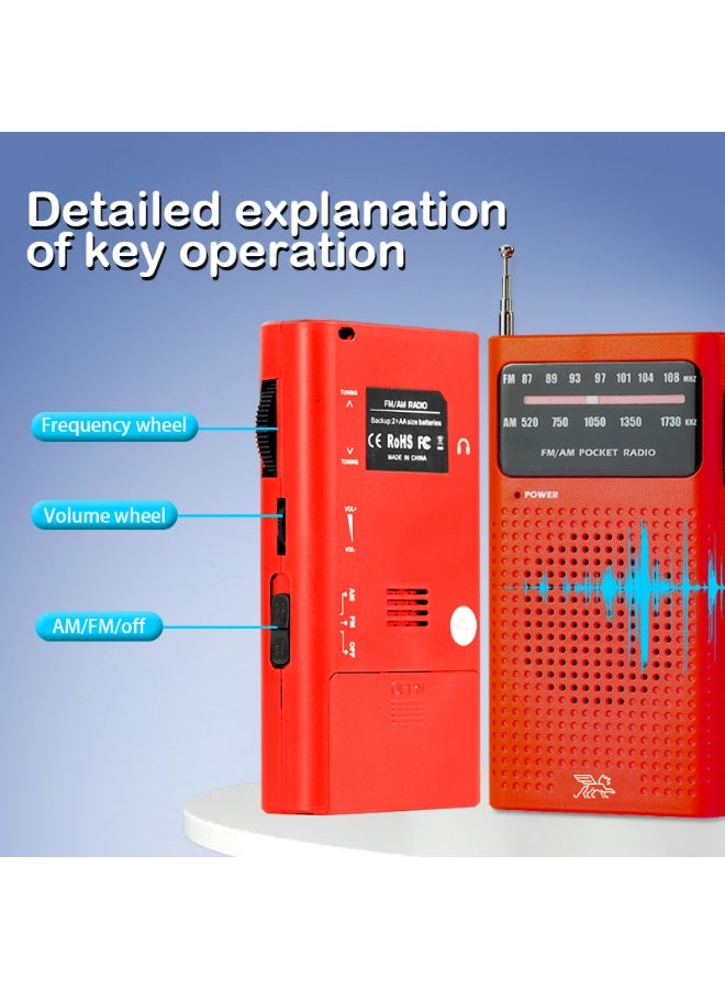 Small Radios Portable Amplitude Modulation and Frequency Modulation, Radio Portable for Home Outdoor, Transistor radios Battery Operated with Best Reception, Loud Speaker, Small Gifts for Seniors Elderly (Red) - Image 5