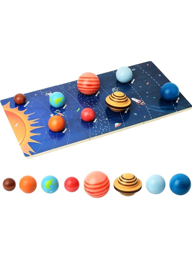 Beauenty Wooden Solar System Model Board, Montessori Toys Planets Puzzle Science STEM Space Learning for Kids 4-8 with 3D Planets Models, Prechool Educational Gift for Boys Girls - Image 1