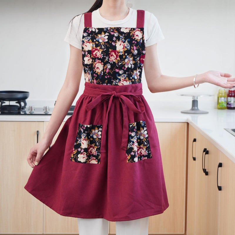Pinknoke Vintage Pinafore Apron Dress for Women with Pockets Cute Floral Chef Aprons for Kitchen Cooking Baking Gardening (Claret) - Image 2