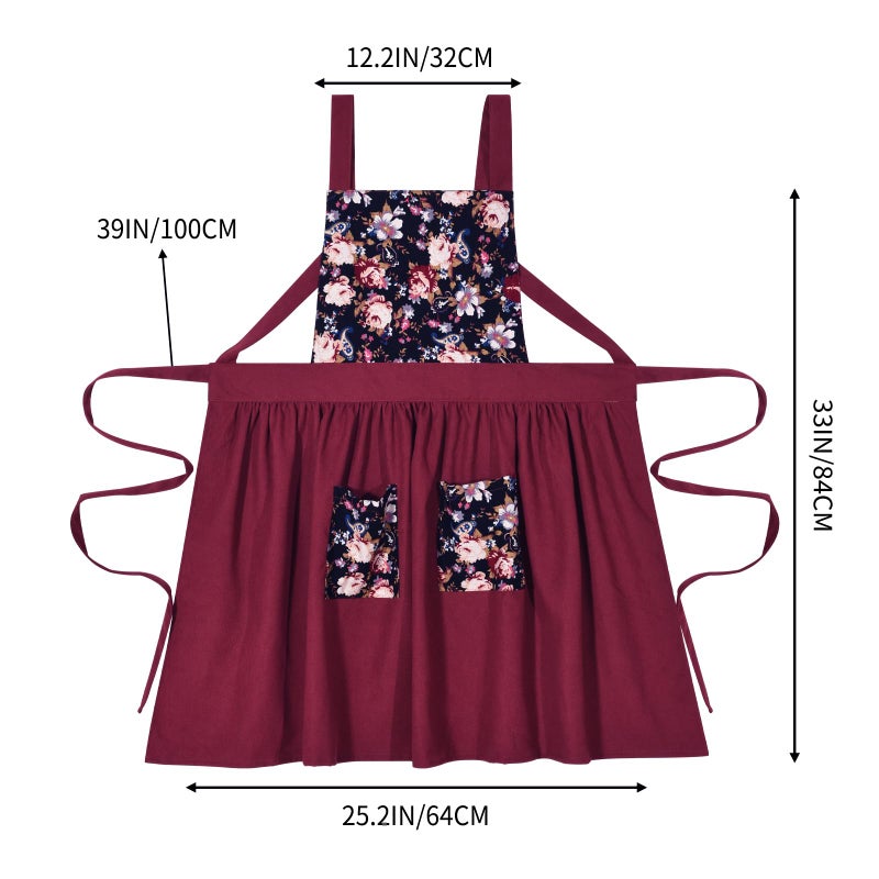 Pinknoke Vintage Pinafore Apron Dress for Women with Pockets Cute Floral Chef Aprons for Kitchen Cooking Baking Gardening (Claret) - Image 5