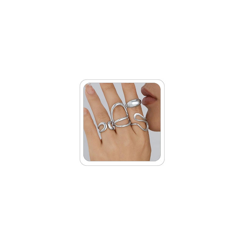 ANGLEQUEEN Gold Chunky Rings Set for Women Open Stacking Knuckle Ring Silver Adjustable Round Dome Rings Set Minimalist Irregular Statement Women Ring Jewelry (Silver6-1) - Image 1