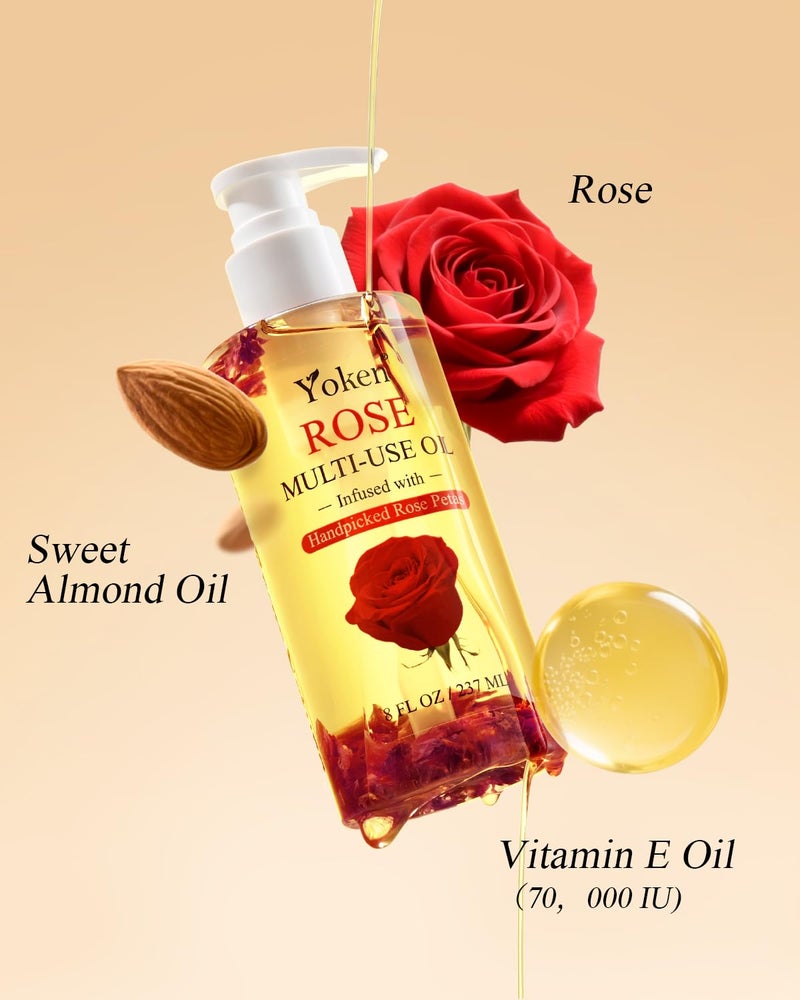 Yoken MultiUsed Body Oil For SkinFaceHair and NailsMulti Purpose Organic oil With Rose PetalsVitamin E Almond Oil Nourishing HydratingBody Oil for Moisture Skin After Bath Oil8 Fl Oz - Image 2