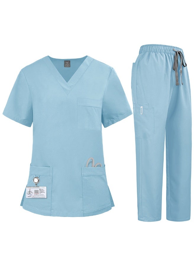 NIBEMINENT Women'S Nurse Uniform Quick-Drying Fabric Solid Color V-Neck Pocket Short-Sleeved Trousers Suit Nursing Uniform Suit - Image 1