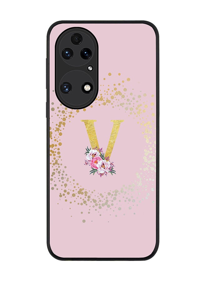 Stylizedd Rugged Black edge case for Huawei P50 Slim fit Soft Case Flexible Rubber Edges TPU Gel Thin Cover - Custom Monogram Initial Letter Floral Pattern Alphabet - V (Pink) - Image 1