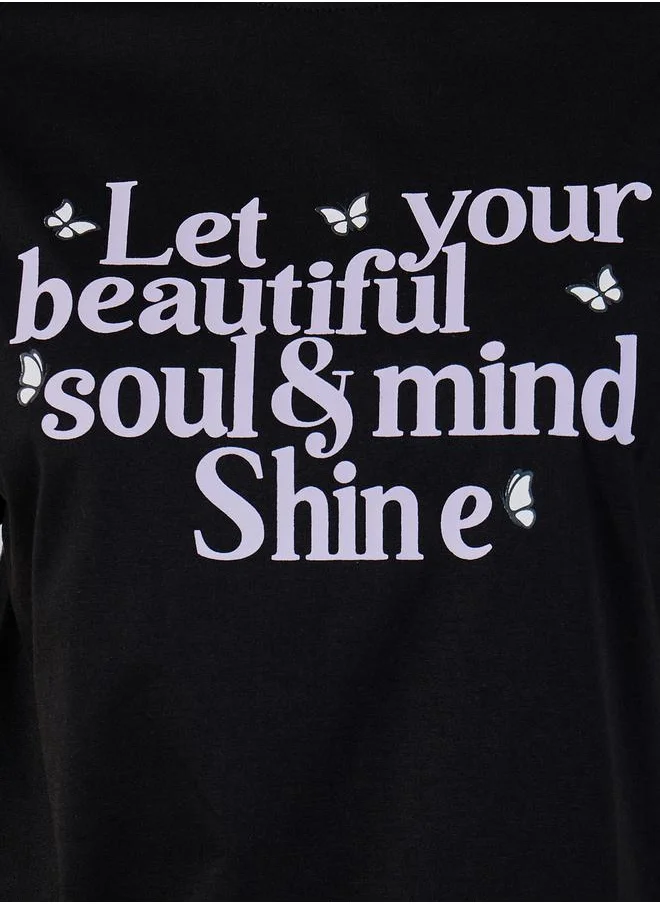 Styli Slogan Print Ruffle Sleeves T-Shirt & Pants Pyjama Set