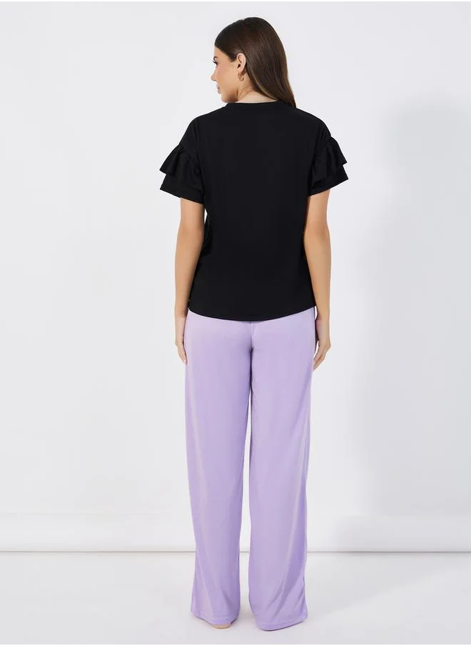 Styli Slogan Print Ruffle Sleeves T-Shirt & Pants Pyjama Set