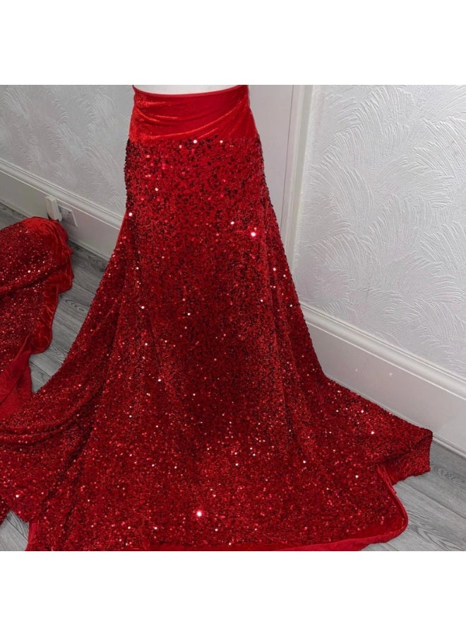 JewelOnPalette Sequins 2-way Stretch Velvet Fabric | 45” Wide Sparkle Shine | Spandex Velour for Fashion, Dresses, Costumes, Events, Dance Wear, Party Decor, Crafts, Upholstery, and DIY Sewing Projects | Cut by Yard - Red - Image 2