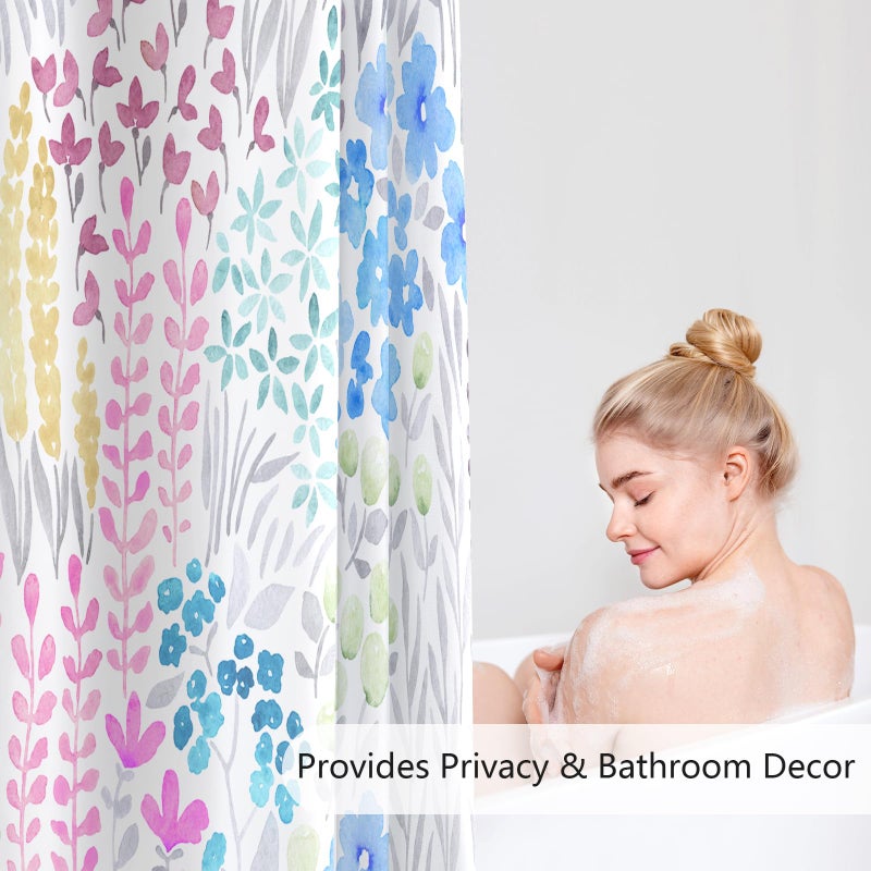 MAYZUS Extra Long Shower Curtain 72 x 96 Inch  Floor to Ceiling X-Long Tall Cute Floral Shower Curtain for Bathroom  Blue Pink Yellow Wildflower Boho Cottagecore Fabric Shower Curtain Set with Hooks - Image 2
