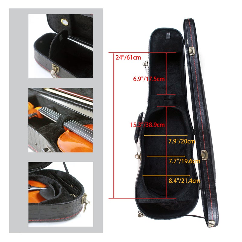 Roaring Iron 4/4 Full Size Violin Case, Plush Interior Wooden Hard Case With Hygrometer, Crocodile Pattern Leather Bulge Surface Case (Black) - Image 5
