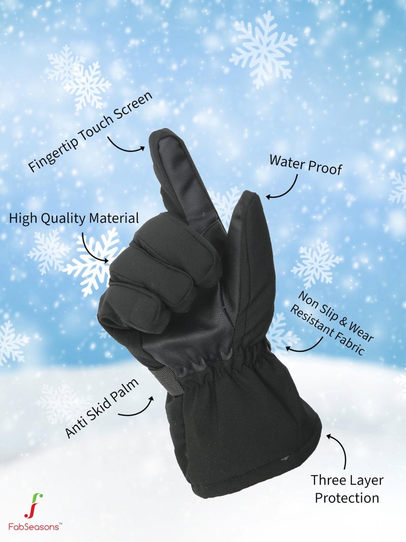 FabSeasons Unisex Waterproof Winter Gloves - Touchscreen, Adjustable with Storage Pocket & Fleece Lining for Snow & Trekking (Ages 14+), Black, L - Image 3