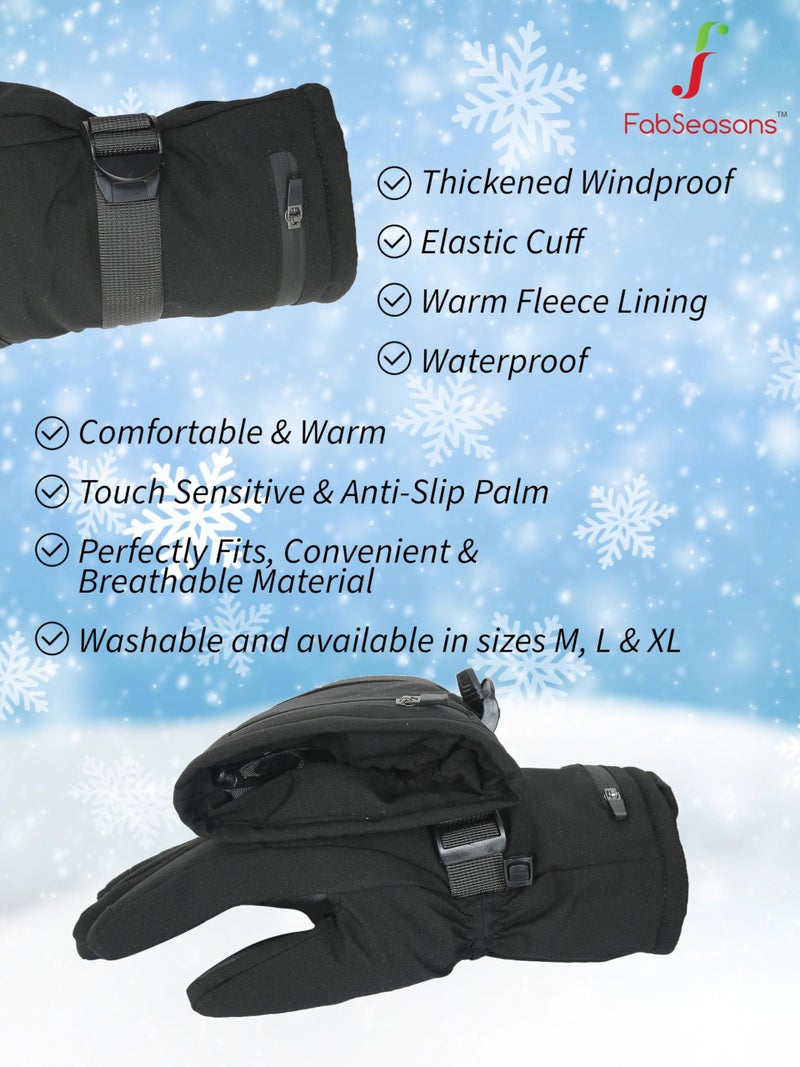 FabSeasons Unisex Waterproof Winter Gloves - Touchscreen, Adjustable with Storage Pocket & Fleece Lining for Snow & Trekking (Ages 14+), Black, L - Image 4
