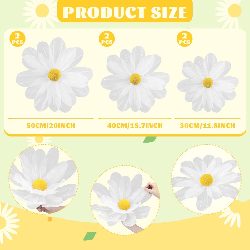 FineCheer 6 Pcs White Large Daisy Flowers for Decoration 12'' 15.8'' 20'' Giant Silk Artificial Flower Fake Daisy for Wedding Garden Birthday Party Bridal Baby Shower Decor, Rod is Not Included - Image 2