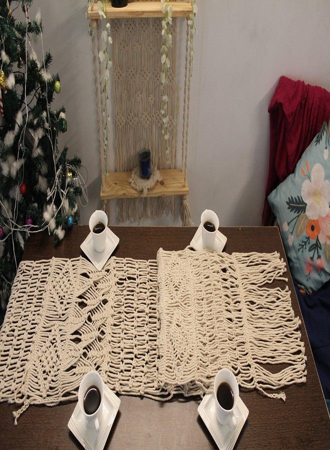 Cottoncube Cotton Macrame Handwoven Dining Table Runner, Long Mat (14x84 inches, Beige, Large) - Image 1