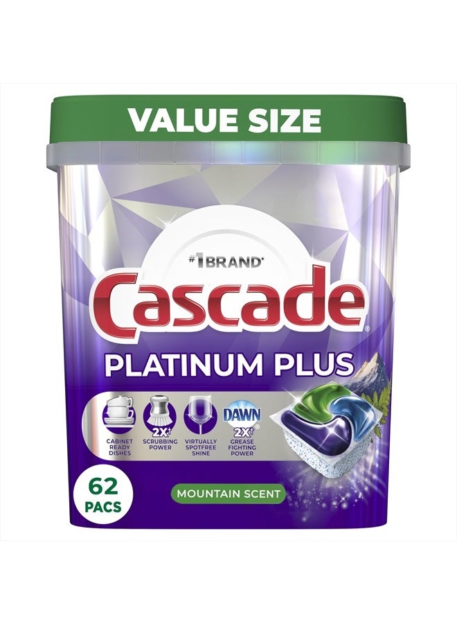 Cascade Platinum Plus ActionPacs Dishwasher Detergent Pods, Mountain, 62 Count - Image 1