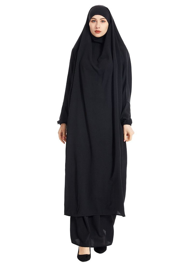 إسكدنيا Women's 2-Piece Solid Color Abaya Set Batwing Sleeve Abaya Thobe Robe And Half Skirt Suit Black  - Image 1