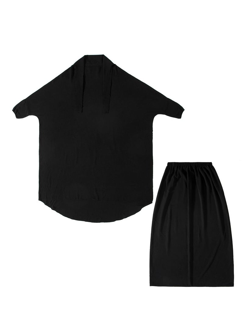 إسكدنيا Women's 2-Piece Solid Color Abaya Set Batwing Sleeve Abaya Thobe Robe And Half Skirt Suit Black  - Image 3