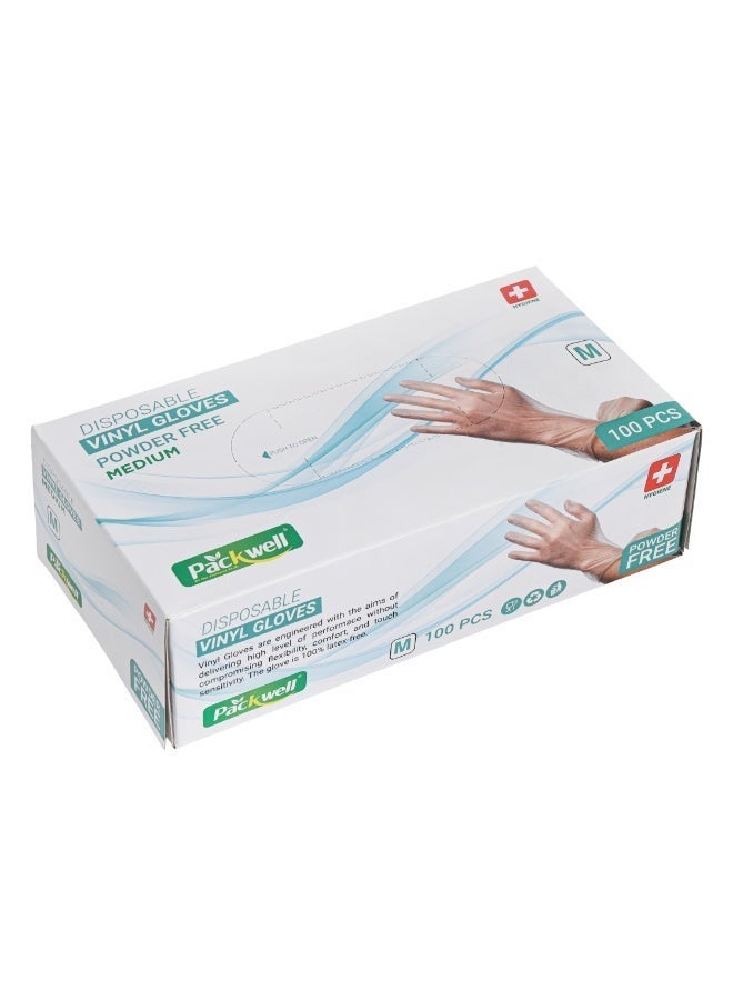 Packwell vinyl Gloves clear powder free Medium 100 pcs - Image 1