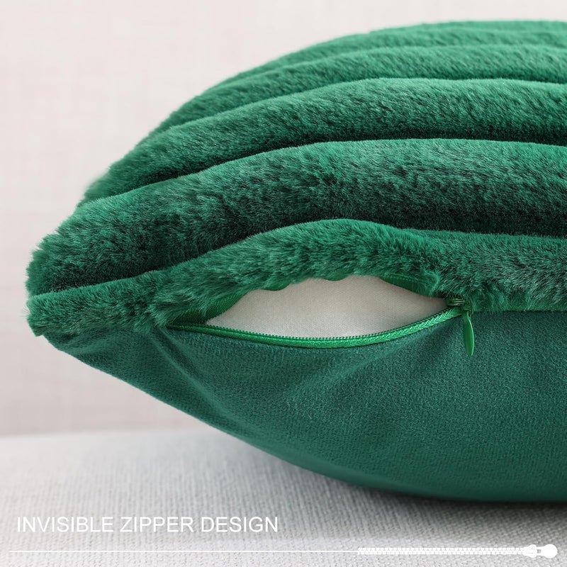 Pallene Faux Fur Plush Lumbar Throw Pillow Covers 12x20 Set of 2, Luxury Soft Fluffy Striped Decorative Pillow Covers for Sofa, Couch, Living Room, Christmas Green - Image 3