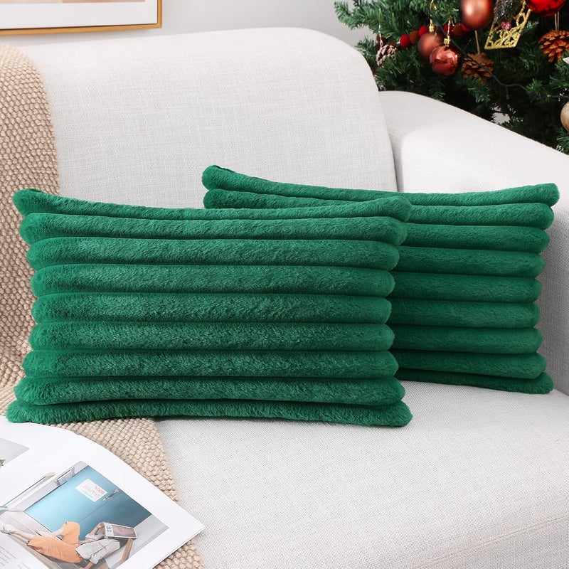Pallene Faux Fur Plush Lumbar Throw Pillow Covers 12x20 Set of 2, Luxury Soft Fluffy Striped Decorative Pillow Covers for Sofa, Couch, Living Room, Christmas Green - Image 1