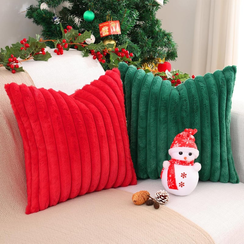 Pallene Faux Fur Plush Lumbar Throw Pillow Covers 12x20 Set of 2, Luxury Soft Fluffy Striped Decorative Pillow Covers for Sofa, Couch, Living Room, Christmas Green - Image 4