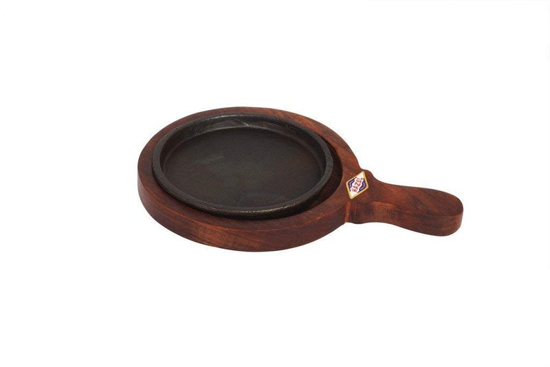 HAZEL Sizzling Brownie Sizzler Plate with Wooden Racket & Iron Plate Round, 7 inch, 2 Piece Set, Brown & Black - Image 2