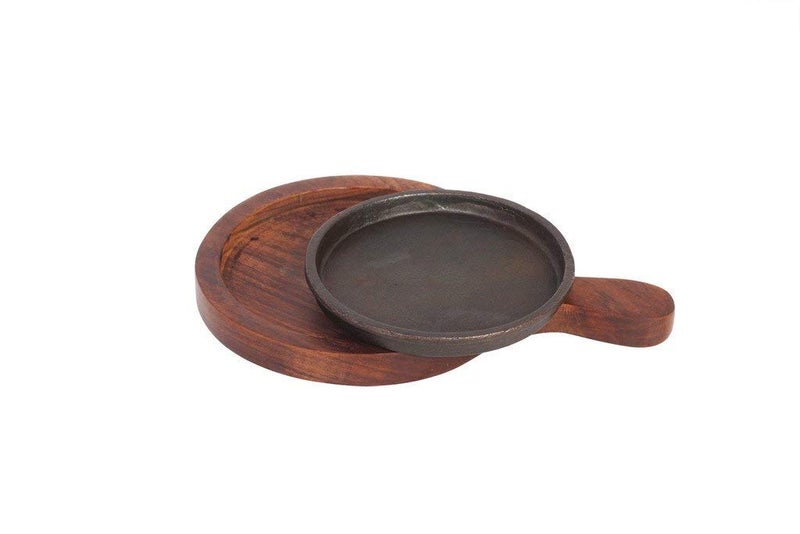 HAZEL Sizzling Brownie Sizzler Plate with Wooden Racket & Iron Plate Round, 7 inch, 2 Piece Set, Brown & Black - Image 3
