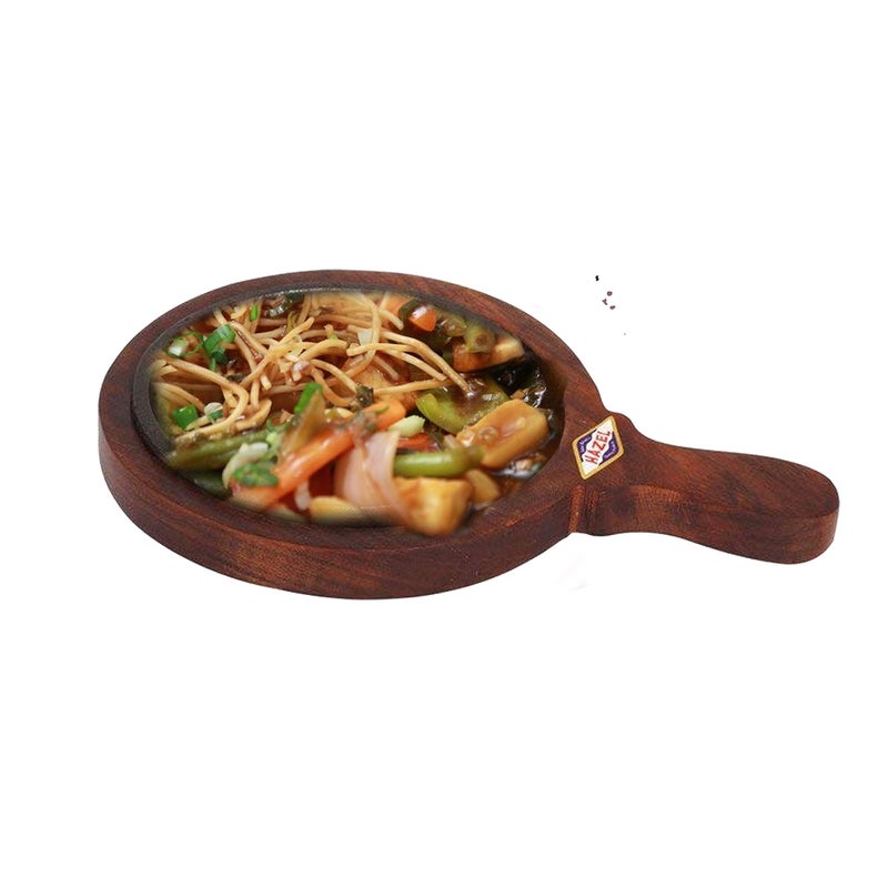 HAZEL Sizzling Brownie Sizzler Plate with Wooden Racket & Iron Plate Round, 7 inch, 2 Piece Set, Brown & Black - Image 5