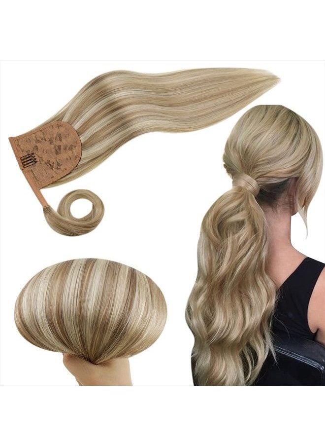 RUNATURE 18 Inch Ponytail Extension Human Hair Highlighted Ponytail Hair Extensions Human Hair Clip in One Piece Light Brown with Platinum Blonde Ponytail Human Hair Extensions 80 Gram  - Image 1