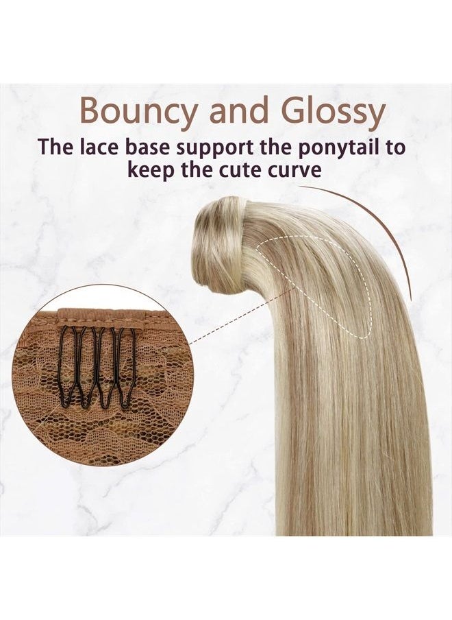 RUNATURE 18 Inch Ponytail Extension Human Hair Highlighted Ponytail Hair Extensions Human Hair Clip in One Piece Light Brown with Platinum Blonde Ponytail Human Hair Extensions 80 Gram  - Image 5