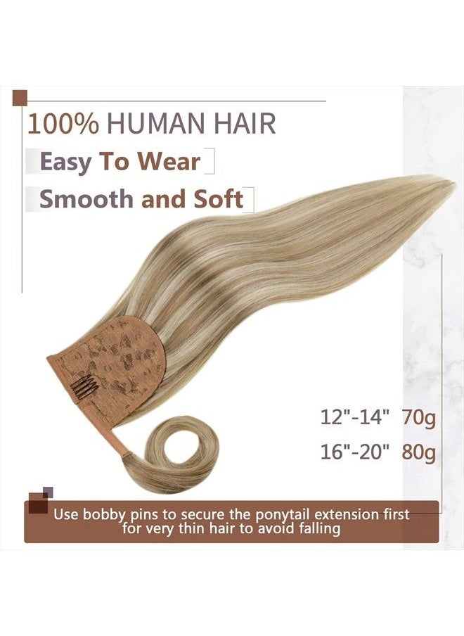 RUNATURE 18 Inch Ponytail Extension Human Hair Highlighted Ponytail Hair Extensions Human Hair Clip in One Piece Light Brown with Platinum Blonde Ponytail Human Hair Extensions 80 Gram  - Image 3