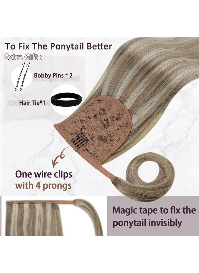 RUNATURE 18 Inch Ponytail Extension Human Hair Highlighted Ponytail Hair Extensions Human Hair Clip in One Piece Light Brown with Platinum Blonde Ponytail Human Hair Extensions 80 Gram  - Image 4