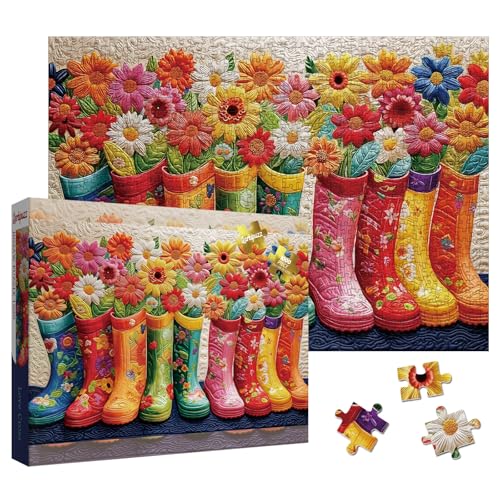 Larkipuzz Colorful Flower Boots Puzzles for Adults 1000 Pieces Aesthetic Wildflower Quilt Jigsaw Puzzle Vintage Difficult Art Puzzles - Image 1