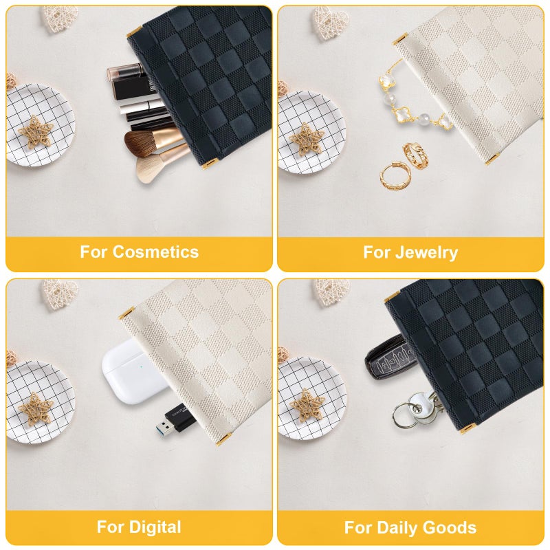 PENGJINYU 2 PCS Small Makeup Bag for Women, Small Pouches for Purse,Mini Checkered Cosmetic Bag Waterproof Pouch for Travel Storage bag, for Cosmetics Headphones Jewelry Cosmetic Lipstick Coins (Black, Beige) - Image 4