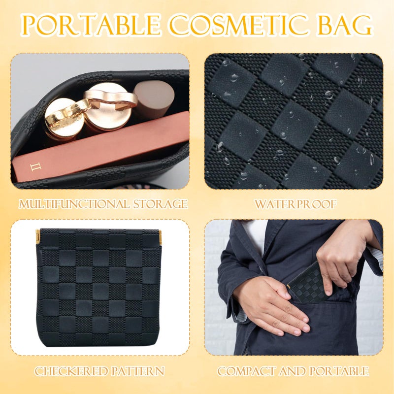 PENGJINYU 2 PCS Small Makeup Bag for Women, Small Pouches for Purse,Mini Checkered Cosmetic Bag Waterproof Pouch for Travel Storage bag, for Cosmetics Headphones Jewelry Cosmetic Lipstick Coins (Black, Beige) - Image 3