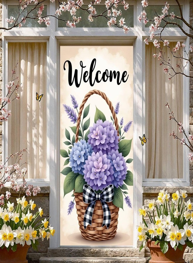 Woosytoo Welcome Door Cover Banner Spring Summer Front Door Decorations Blue Hydrangea Flower Porch Banner for Welcome Spring Summer Party Door Decorations - Image 4