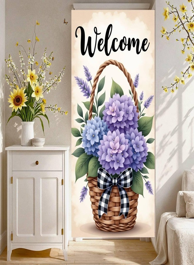 Woosytoo Welcome Door Cover Banner Spring Summer Front Door Decorations Blue Hydrangea Flower Porch Banner for Welcome Spring Summer Party Door Decorations - Image 3