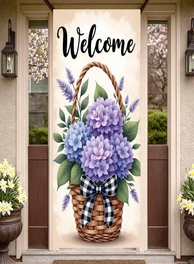 Woosytoo Welcome Door Cover Banner Spring Summer Front Door Decorations Blue Hydrangea Flower Porch Banner for Welcome Spring Summer Party Door Decorations - Image 1