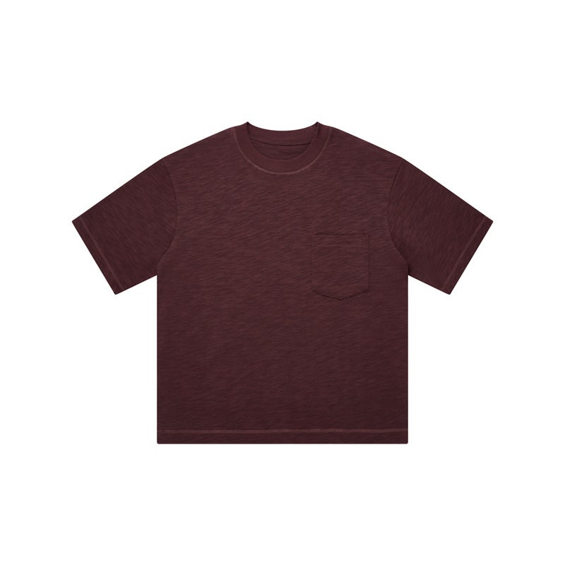 Spring and Summer Niche Design Top Line Chest Bag Wide Crewneck Short Sleeve T-shirt Womens Heavy Slub Cotton Texture Loose Half Sleeve maple red - Image 1