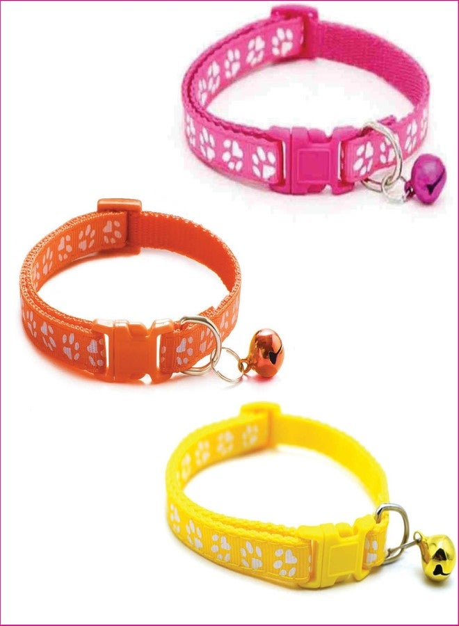 Litvibes Cat Collars Set of 3 with Bell,Kitten & Small Dogs Soft Adjustable Collar Safe,Solid & Protection Breakaway for Cats & Puppies,Cute Kitty with Paw Print-(Orange,Dark Pink,Yellow) - Image 1