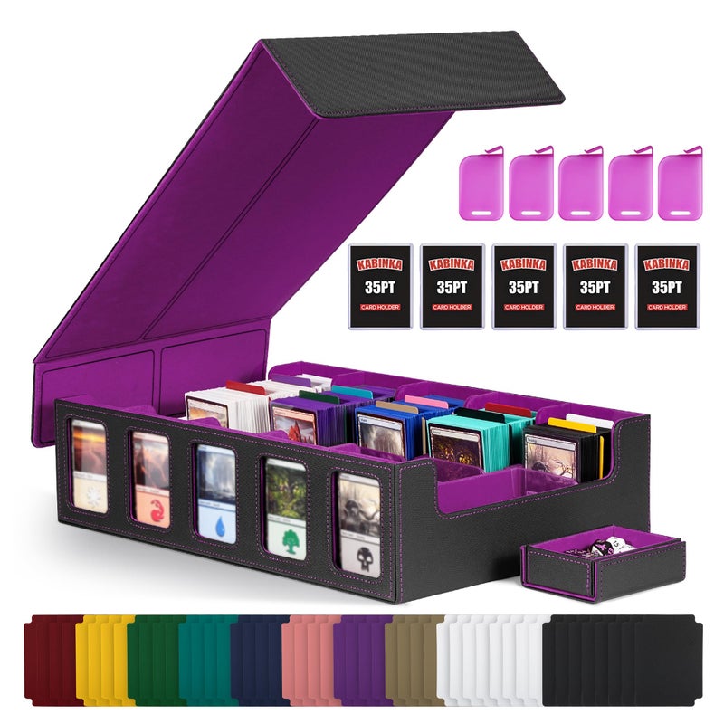 Kabinka Trading Card Storage Box with Commander Display 5Row Deck Case with Removable Lid 3900 Card Deck Box for MTG TCG Sports Card 5 Top Loaders 5 Stoppers 48 Dividers1 Dice Tray Black Purple - Image 2