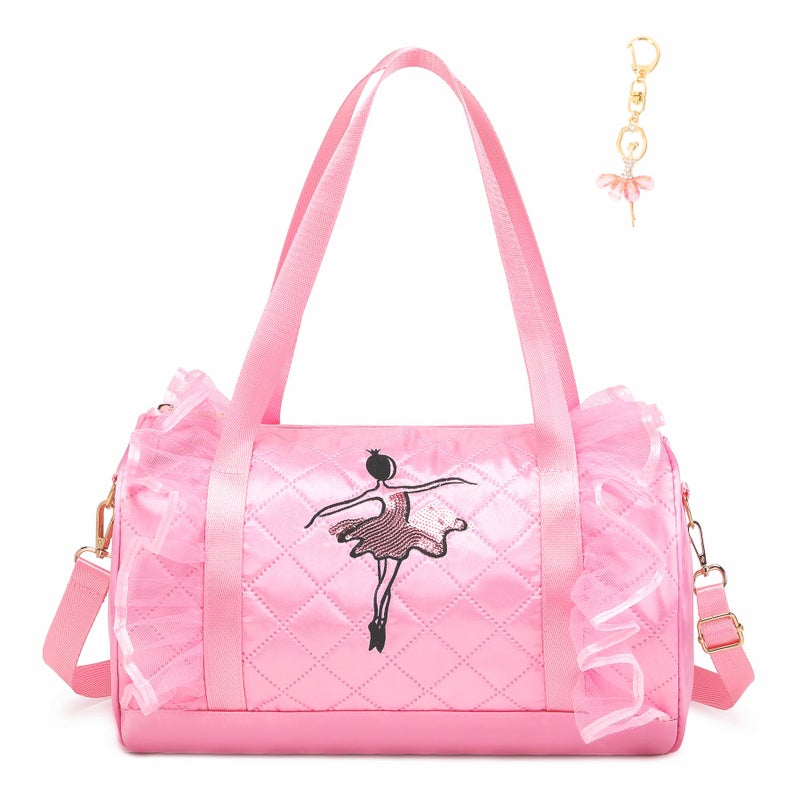 Dorlubel Cute Ballet Dance Bag Gym Travel Duffle Bag for Girls Tutu Dress Bag with Key Chain for Girls Pink3 of Long Mesh - Image 2